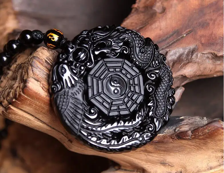 

Natural Black Obsidian Hand Carved Chinese Dragon Phoenix BaGua Lucky Amulet Pendant Free Necklace Fashion Fine Jewelry