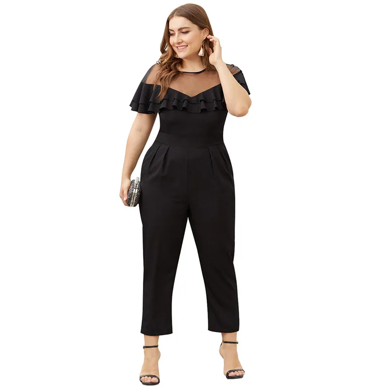 

Lace Patchwork Jumpsuit Women Mesh Ruffles Elegant Short Sleeve Jumpsuits Rompers Big Size Office Work Summer Playsuits Overalls
