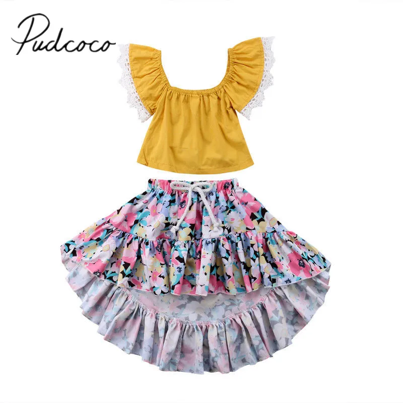

2018 Brand New Toddler Baby Girls Summer 2PCS Fashion Sets Off Shoulder Lace Sleeve Yellow T-Shirts Tops Floral Ruffles Skirts
