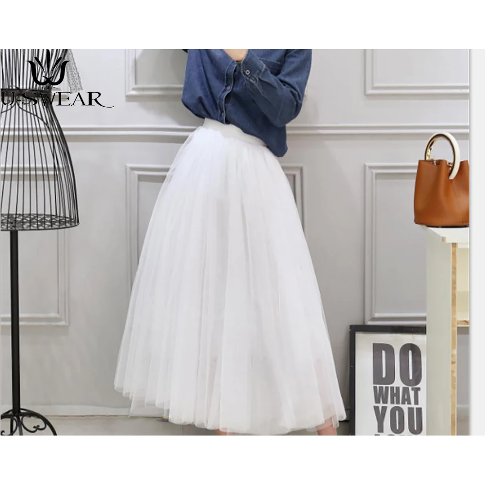 

New Fashion Layer Tulle Skirts Women's Black Gray White Adult Tutu Skirt Elastic High Waist Lace Skirt Pleated Midi Skirt