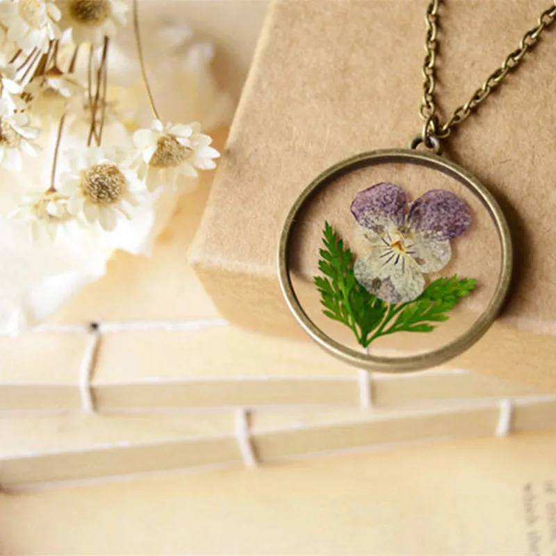 MCSAYS Ventage Jewelry Natural Dried Flowers Pansy Pendant Link Chain