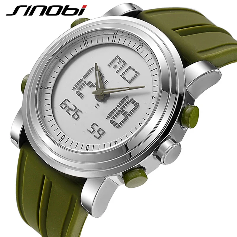 SINOBI спортивные часы для мужчин и женщин, двойной дисплей, аналоговый цифровой светодиодный, электронные кварцевые наручные часы, мужские водонепроницаемые часы с будильником