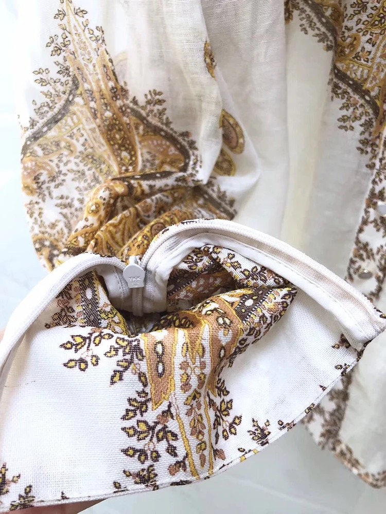Ziwwshaoyu/Осенняя шелковая+ льняная рубашка с рукавами-фонариками и золотым принтом в стиле ретро, изысканная Высококачественная женская рубашка с длинными рукавами