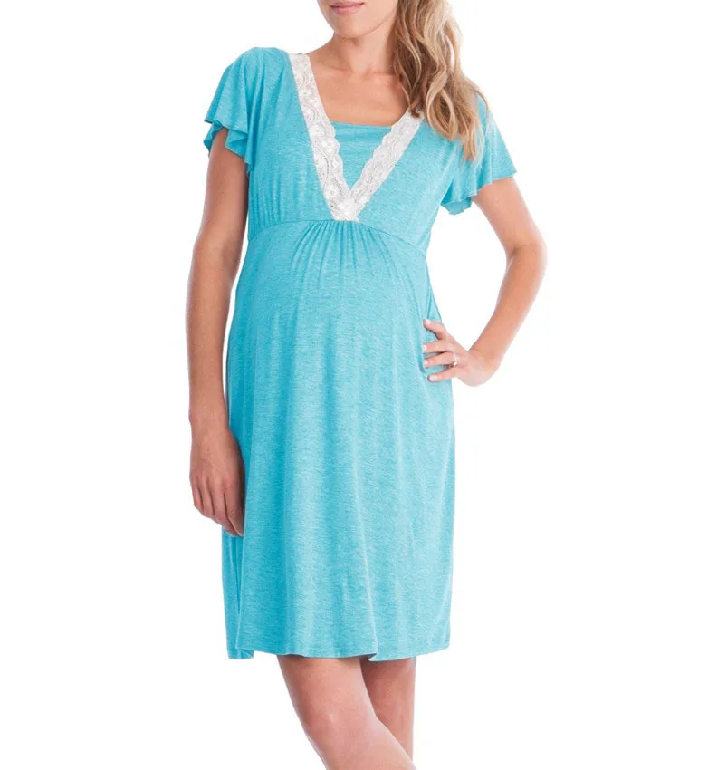 BONJEAN пижамы для беременных и беременных пижамы для кормящих беременных ночная рубашка для кормления элегантное платье для кормящих мам - Цвет: Light blue