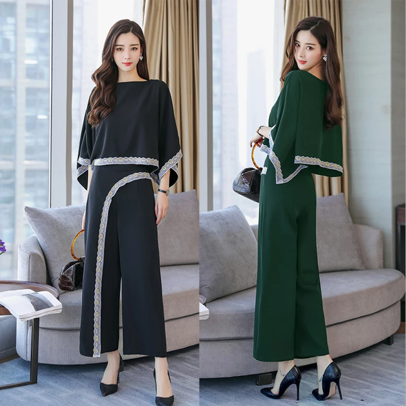 RG Fashion Long Pants Women Clothing Set Big Plus Size 2XL Lace Patchwork Elegant Women Office Work Wear Suit Set Autumn Spring