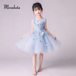 Красивое кружевное платье принцессы с цветочным принтом и бабочкой для девочек на свадьбу, 2019 Бальное Платье синее платье с цветочным
