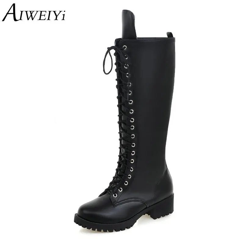 

AIWEIYi Black Knee High Boots for Women Square Heel Low Heels Martin Boots Lace Up Autumn Winter Shoes Woman