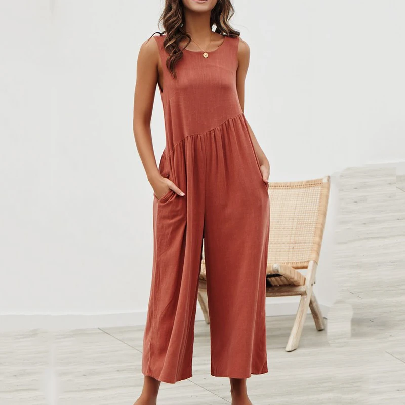 Summer Sexy women loose cotton long jumpsuit 2019 Solid color vest ...