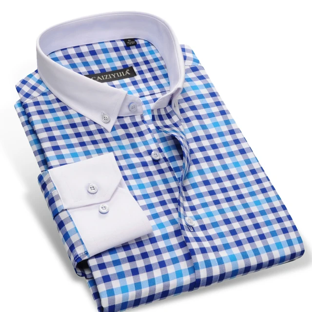 Men's Long Sleeve Contrast Plaid Checked Dress Shirts Patchwork White