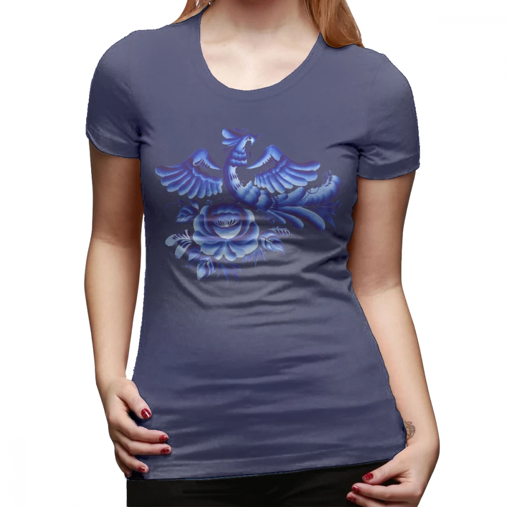 Gzhel футболка синяя птица Футболка с круглым вырезом уличный стиль Женская футболка хлопок смешной красный Графический короткий рукав большая женская футболка - Цвет: Тёмно-синий
