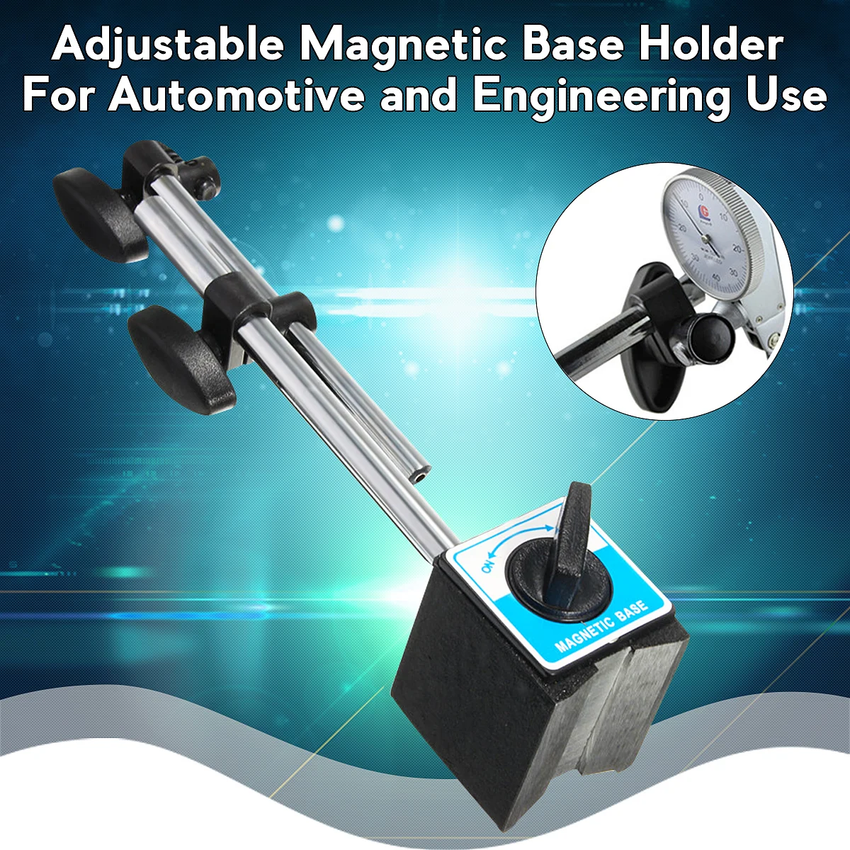 

Magnetic Base Holder With Double Adjustable Pole For Dial Indicator Test Gauge with Convenient ON/OFF Switch for Automotive