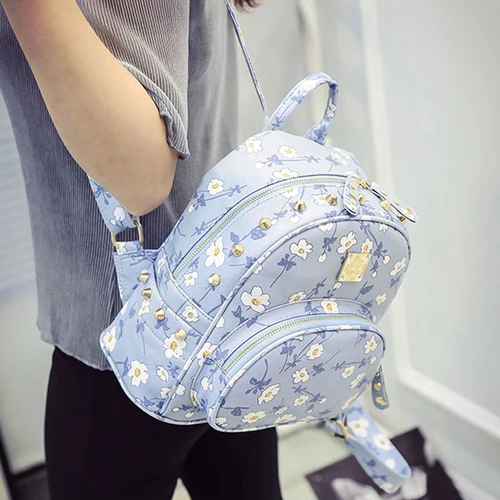 Летний рюкзак с цветочным рисунком, милый мини-Рюкзак Kawaii с цветочным узором для девочек, сумка через плечо, роскошный кожаный рюкзак для путешествий, школьный ранец, новинка - Цвет: Blue B