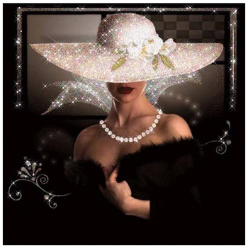 

Round Diamond Painting 5D Embroidery Diamond Mosaic Pattern Rhinestone Painting Woman In A Black Dress Wearing A Hat Gift XU