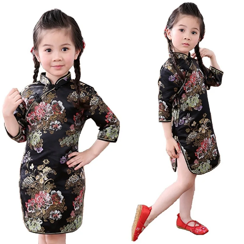 Peony Baby Girls Dress Chinese Qipao Clothes Girls Jumpers Party Costumes Floral Children Chipao Cheongsam Jumper 2-16Y girls dress,kids clothes