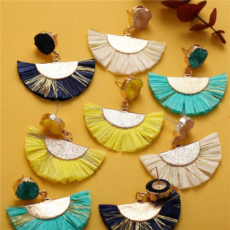 

IF YOU Fashion Sector Raffia Tassel Earrings Women Bohemian Crystal Stone Vintage Dangle Earrings Statement Jewelry 2019 New