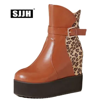 

SJJH Women Leopard Punk Ankle Boots with Round Toe Height Increasing Zip Short Boot Fashion Casual Cool Shoes Large Size A1052
