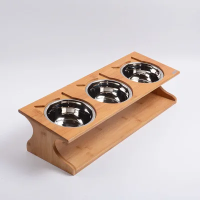 

Solid wood Pet dining table bowl Pet wooden Tilted Feeders Dog cat Anti-slip three Bowl Cat Dish with Slope stand CW122