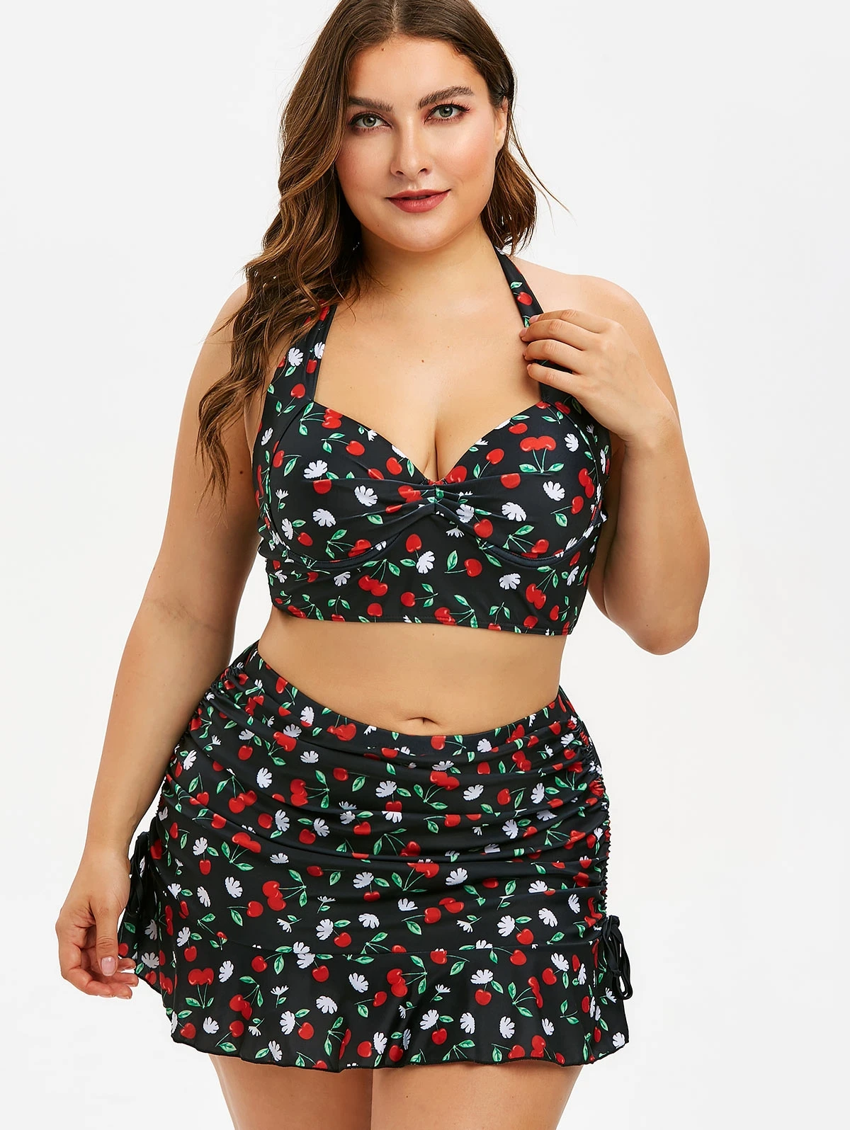 Conjunto de Bikini con flunce de talla grande con falda Estampado de cereza Push Up traje de baño para ropa de playa Mujer más Sexy brasileño Big Bodysuit