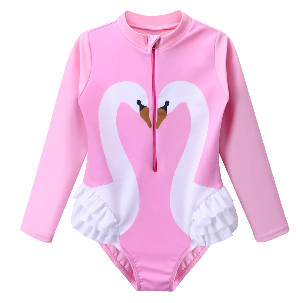 BAOHULU Pink Girls Swan Swimsuit One Piece UV50+ Long Sleeve Swimwear