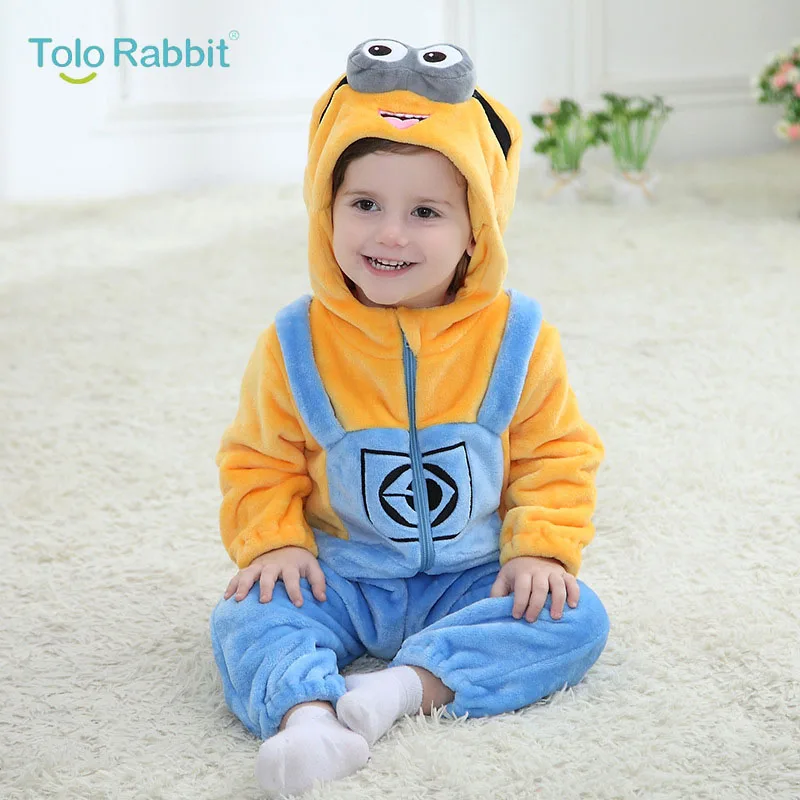 Baby Cartoon Rompers Newborn Hooded Toddler Clothing Boys Girls Minions Animal Jumpsuit Playsuit Costume Flannel Baby Rompers - Цвет: Minions