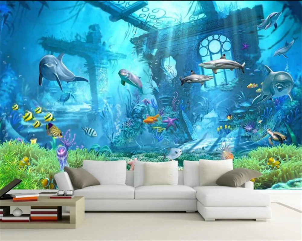 

Beibehang Underwater World ocean dolphin Background Wall 3D Wallpaper Kids Room Decorated wallpaper for walls 3 d papel parede