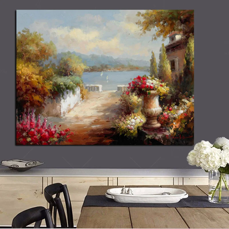 HD Print Abstract Mediterranean Sea Garden Landscape Oil Painting on Canvas Modern Sofa Poster Art Wall Picture for Living Room