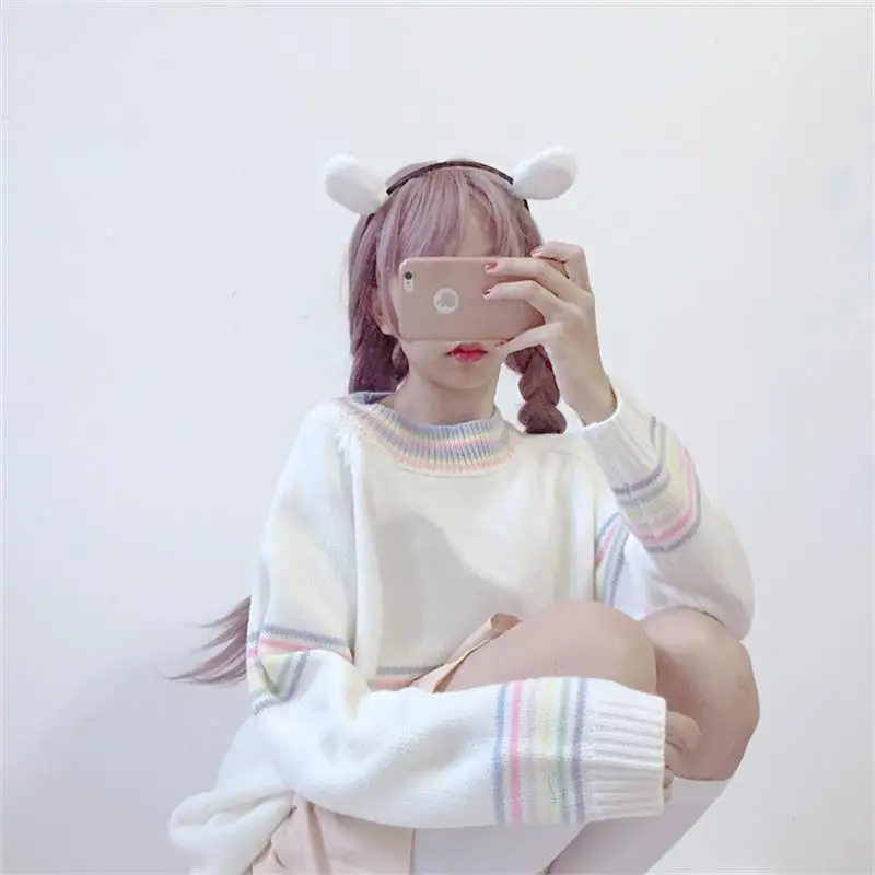 Женские свитера Kawaii Ulzzang японский Радужный карамельный в полоску свободный