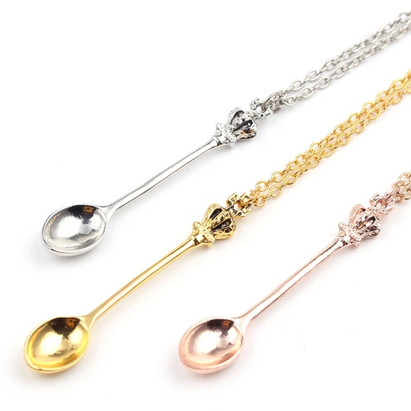 

Tiny Tea Spoon Shape Pendant Necklace with Crown for Women 3 Colors Creative Mini Long Link Chain Jewelry Accessories