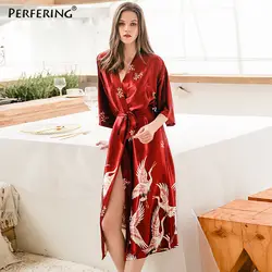 Perfering Для женщин длинный халат печати сексуальность пижамы цветок Павлин кимоно купальный халат невесты Одежда для невесты большие
