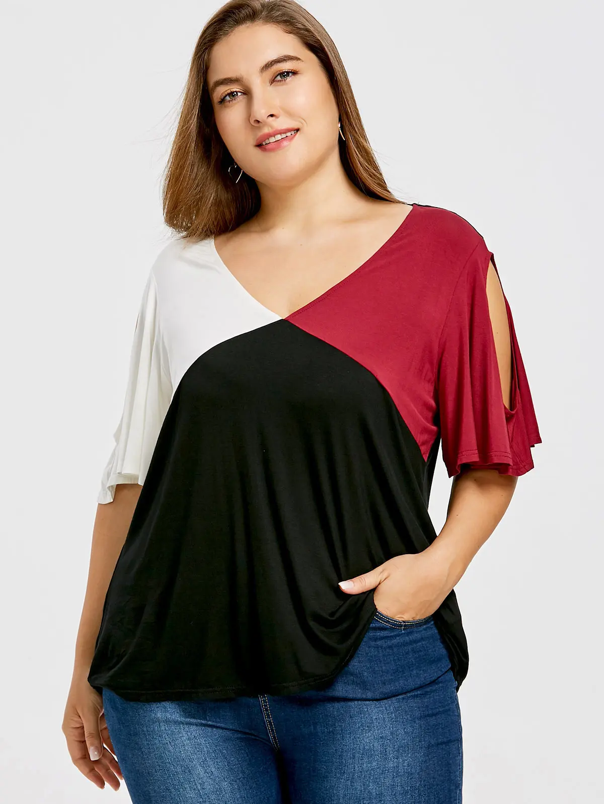 2018 Plus Size Soft Cold Shoulder Color Block Tops Women T-Shirt Summer V-Neck Short Sleeve Cut Out T Shirt Ladies Clothes | Женская
