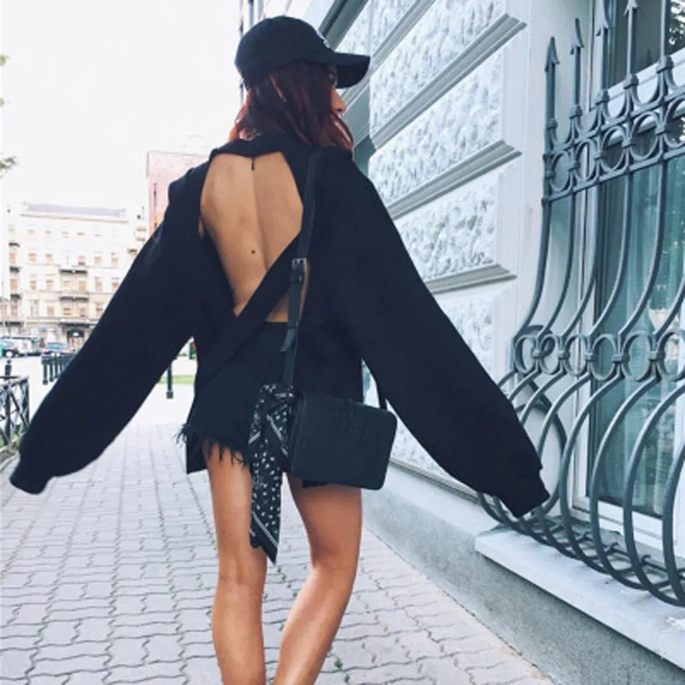 

Sexy Backless Sweatshirt Women Autumn Winter Clothes Hoodies Tracksuit Back Cross Hollow Loose Tops Blouses Sportswear Outwear