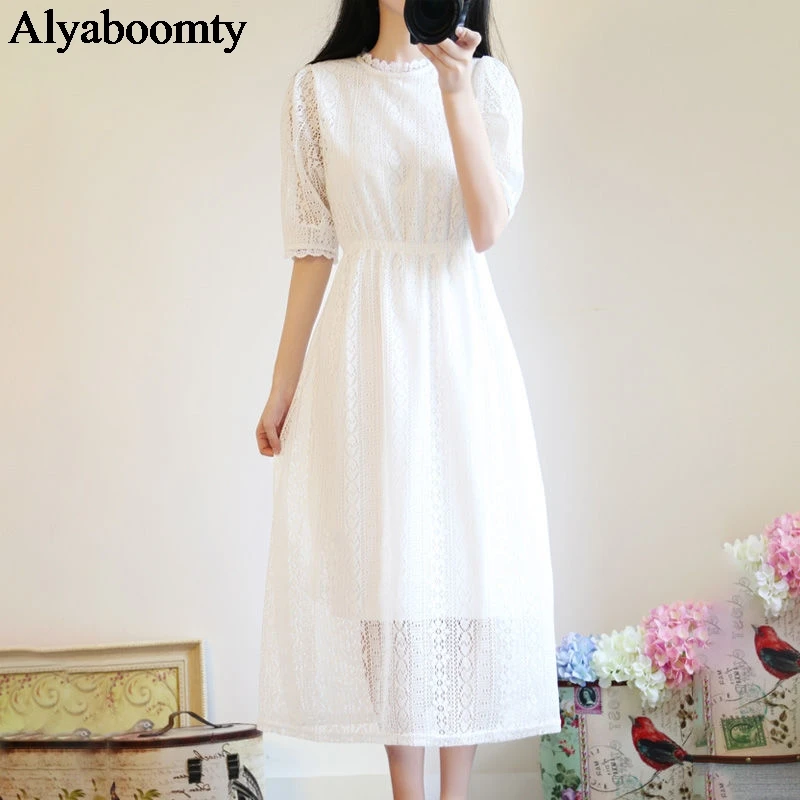 Mori Girl летнее женское белое кружевное длинное платье корейское шикарное милое кружевное тонкое платье Vestidos Longo элегантное платье средней длины с коротким рукавом-in Платья from Женская одежда on Aliexpresscom  Alibaba Group