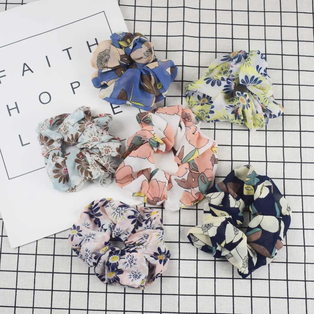 

ZZIYEETTM 1pc Hair Scrunchies Vintage Floral Elastic Flower Flamingo Polka Dots Pure Color Design Fabric Ponytail Hair Holder