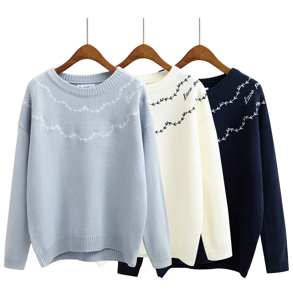 Women Kawaii Casual Loose O Neck Embroidery Flower Sweater Female