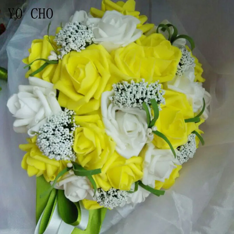 YO CHO Свадебный букет невесты Искусственные из ПЭ розы искусственный жемчуг розовый букет свадебные принадлежности праздничные украшения - Цвет: yellow