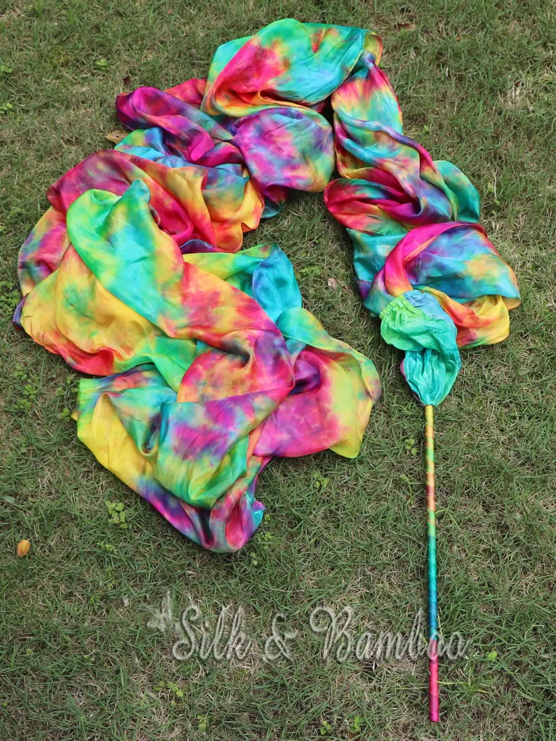 

tie-dye Spring, 1 piece 4m*0.9m(156"*35") worship throw streamer, wooden or Acrylic sticks+real silk!