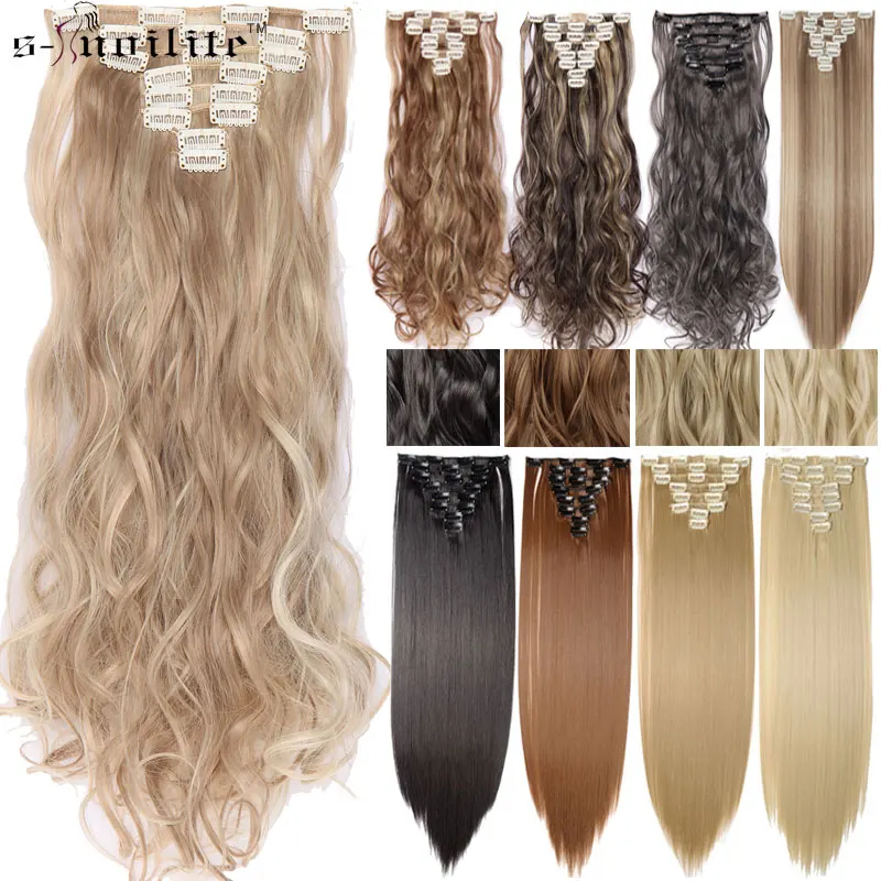 

SNOILITE 18 Clips Hair Extension long wavy clip in hair extension black brown Synthetic clip hair for women 24''