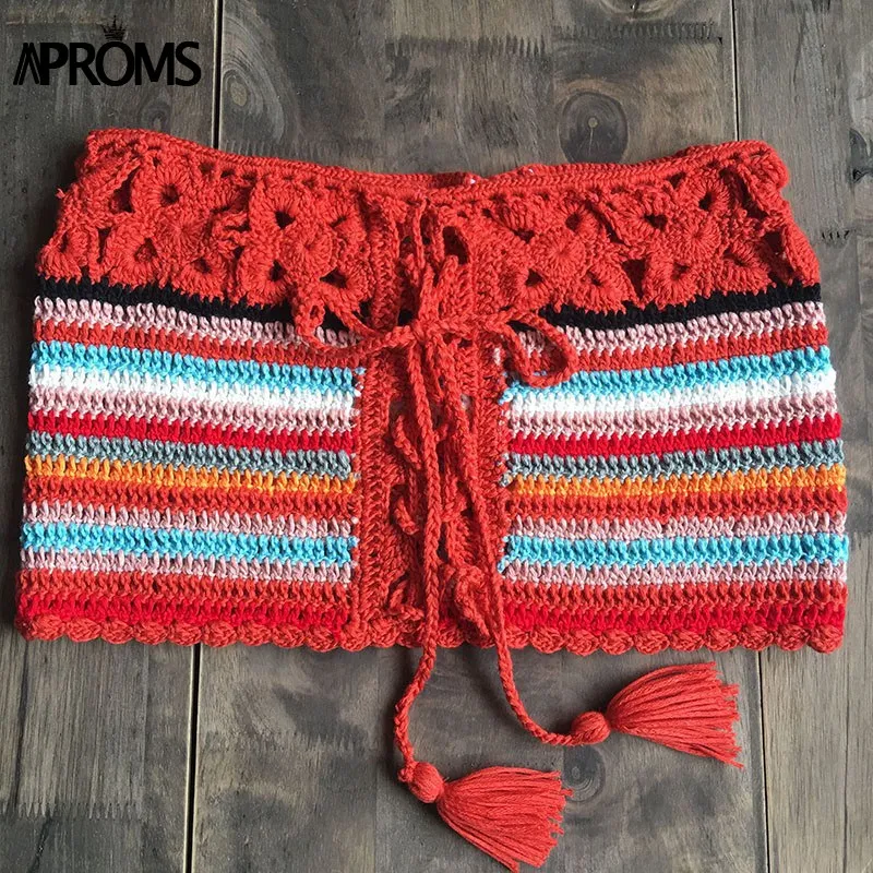 Aproms, элегантный Цветной полосатый укороченный топ ручной работы, лето, бикини, пляжная одежда, 90 s, крутой топ на бретелях со шнуровкой и открытыми плечами для девочек - Цвет: Brown