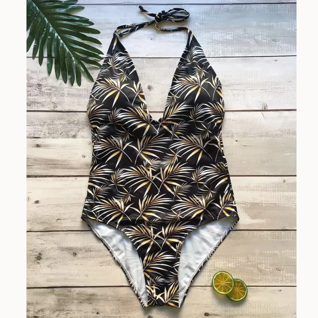 

Women's New Summer Bikini Leaves Print Black Swimsuit One-piece Deep V Neck Bodysuit Padded Bra Swimwear Strap Bandage Beachwear
