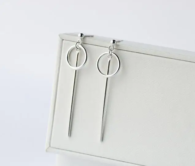 

Fashion Geometric Long Earrings Dangle Round Circle with Ball &Straight Thin Bar Authentic 925 Sterling Silver Jewelry E1482