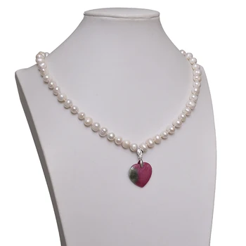

Wholesale 8-9mm Graceful and natural white pearl with mixed Red and Emerald green heart Chalcedony necklace findings 18inch
