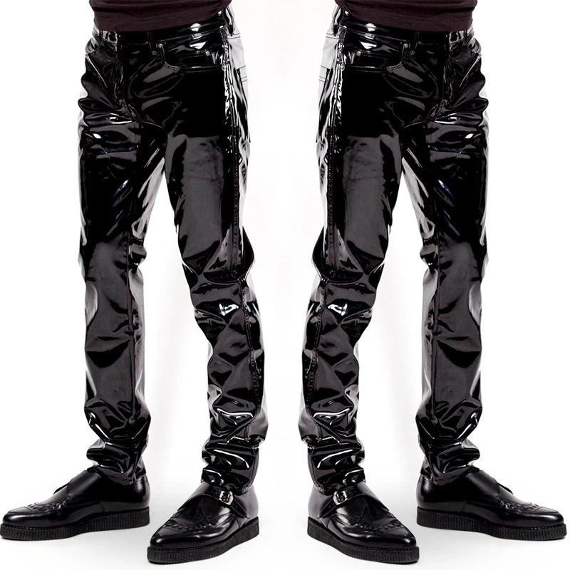 Большие размеры мужское сексуальное черное Wetlook белье из искусственной кожи экзотические брюки ПУ Латекс комбинезон молния ПВХ Клубная одежда для выступлений гей Фетиш брюки