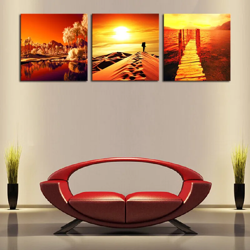 Cheap Wall Frames 3 Panels Golden Scenery Picture Art Canvas Print