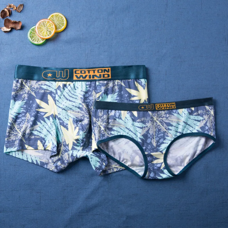Maple leaf print women men underwear Cotton Lovers Underwear Lover Panties Couples Underwear Mid