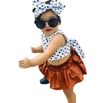 

2019 Summer Baby Girls Clothing Set Polka Dot T-shirt Tops+Brown Short Bloomers Headband Baby Girls Clothes Newborn Outfits