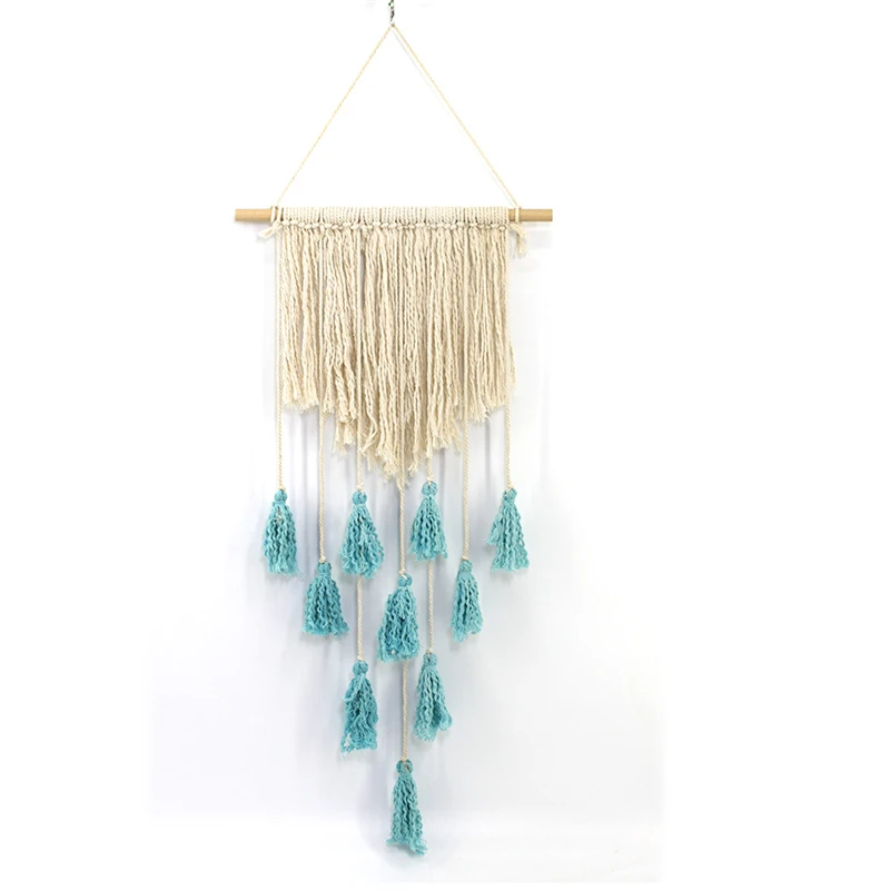 Newly Design Beige Cotton Wall Tapestry With Blue Tassels Home Decor Knit Hanging Tapestry 1pcs Wedding Party Bedroom Tapestry
