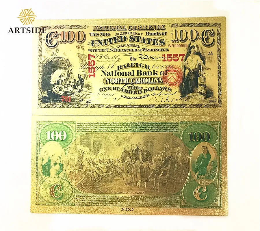 1875 Американский 100 доллар 24kt Золотая банкнота США цветная бумага деньги сувенир