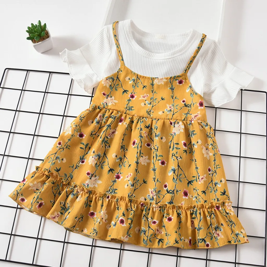Toddler Baby Kid Girl Ruched Floral Flower Dress Princess Dress Loose Clothes 