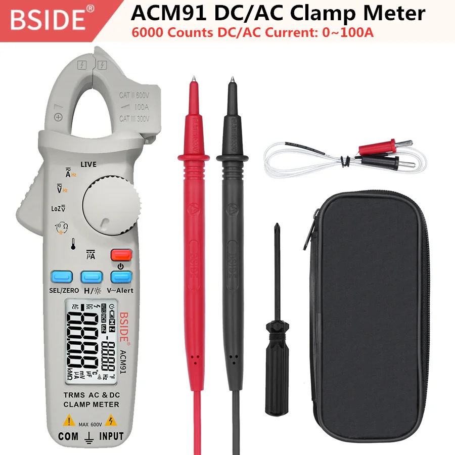 BSIDE ACM82 Мини цифровой AC Токоизмерительные клещи True RMS Автоматический диапазон 0.001A токоизмерительный мультиметр Hz Temp Ом uF v-оповещение проверка в режиме реального времени - Цвет: ACM91-Grey
