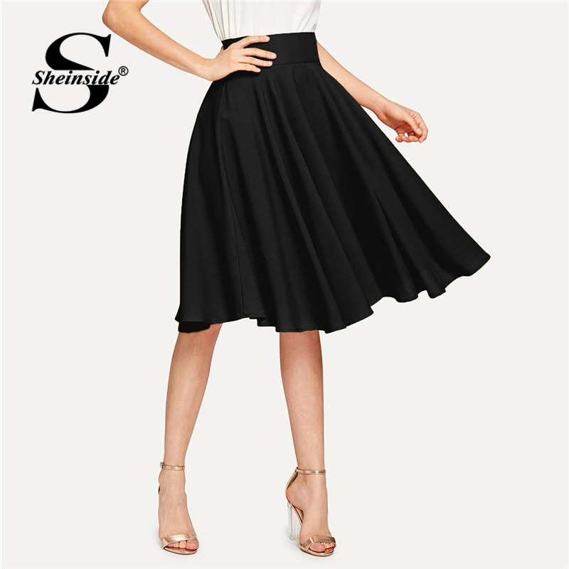 

Sheinside Black Elegant Wide Waistband Pleated Skirt Women 2019 Casual High Waist Flared Skirts Ladies Spring Zipper Midi Skirt